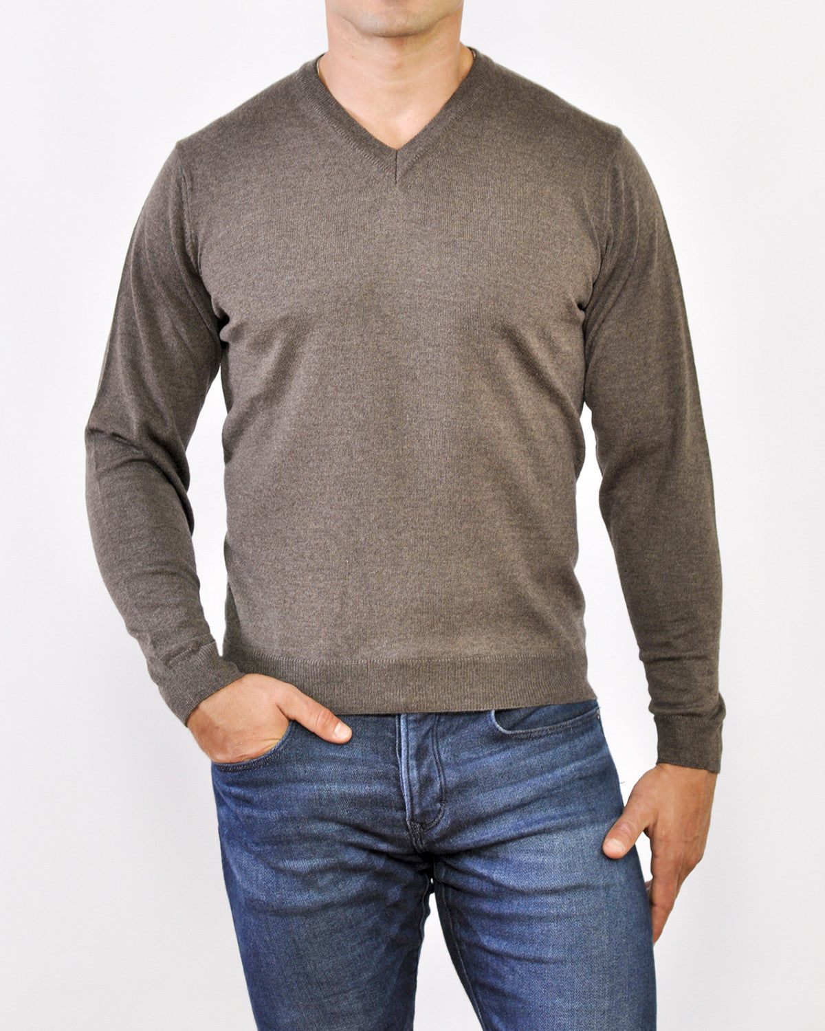 SAWYER | Driftwood | V-neck Sweater for Shorter Men 5' 9