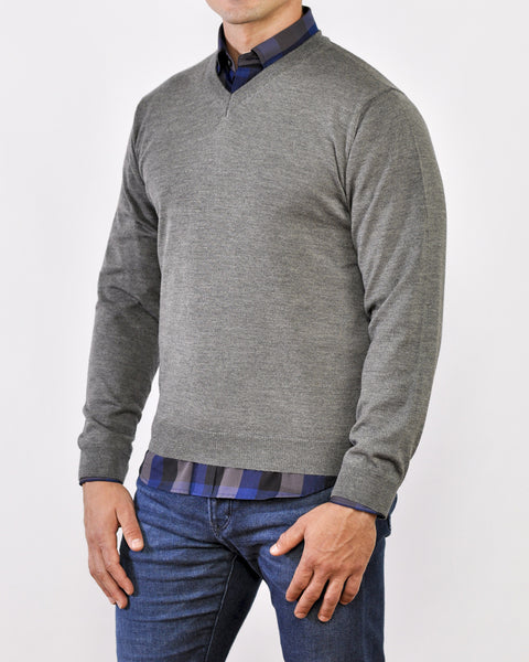SAWYER | Stone Gray | V-neck Sweater for Shorter Men 5' 9